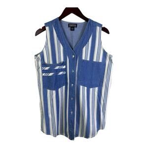 Manisha Womens Medium Vest Striped White and Blue Denim Western Button Top Retro